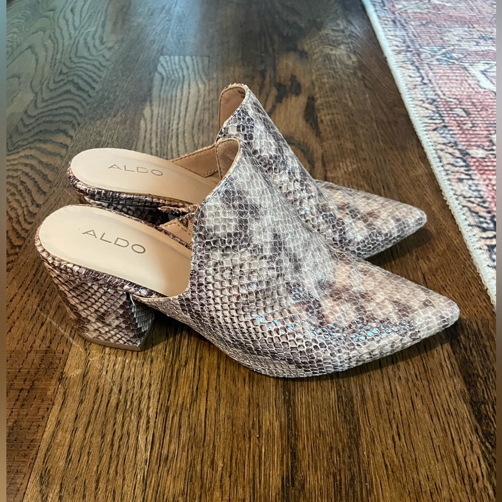 Aldo Snakeskin Block Heel Mules